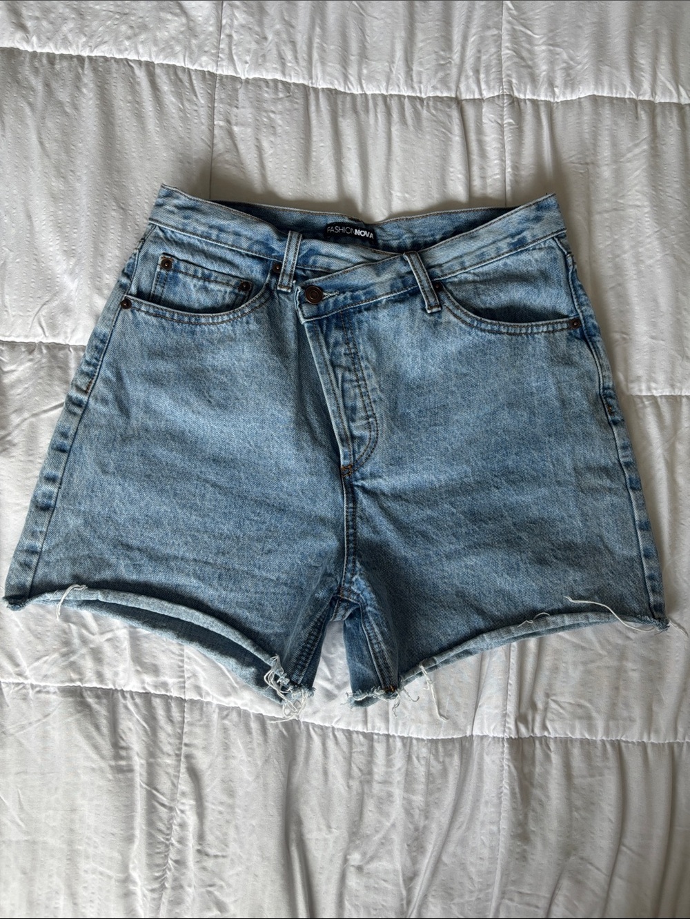 Fashion Nova Light Blue Distressed High-Rise Denim Shorts